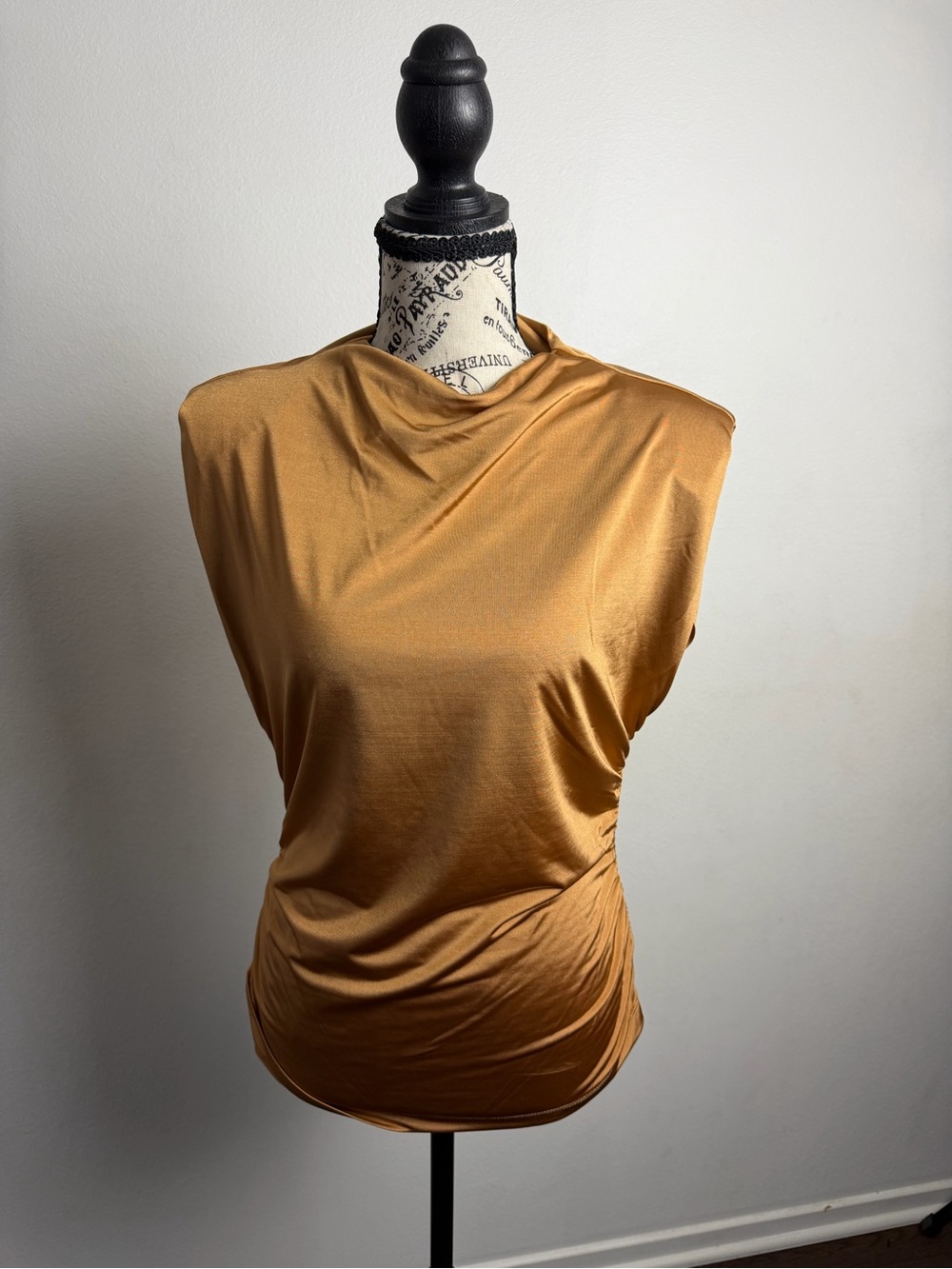 DR2 Bronze Draped Mock Neck Shoulder Pad Blouse Size M